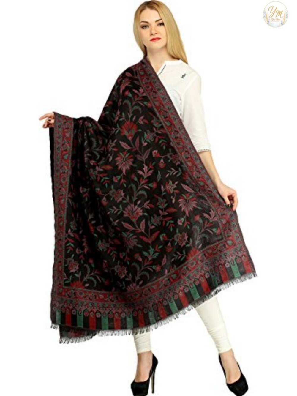 Reversible Jamawar Wool Shawl with Woven Flowers | Ethnic Floral Wrap
